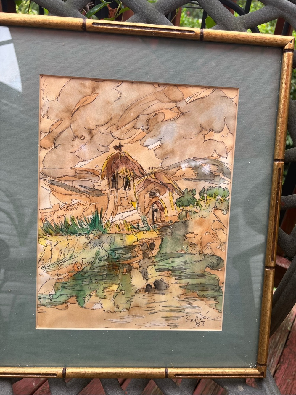 Watercolor Landscape Painting in Green and Brown by